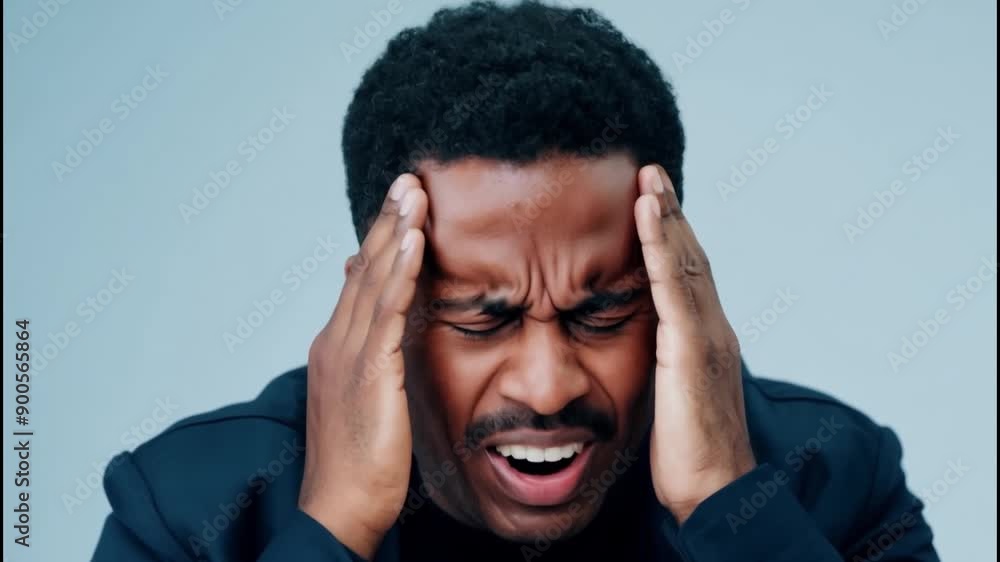 A man is shown with his hands on his head, looking very tired and stressed. Concept of exhaustion and frustration, as if the man is struggling to cope with a difficult situation