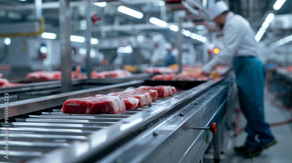 Production line in the food factory.Factory for the production of food from meat.Industrial equipment at a meat factory.Automated production line in modern food factory.People working.. Production line in the food factory.Factory for the production of food from meat.Industrial equipment at a meat factory.Automated production line in modern food factory.People working..