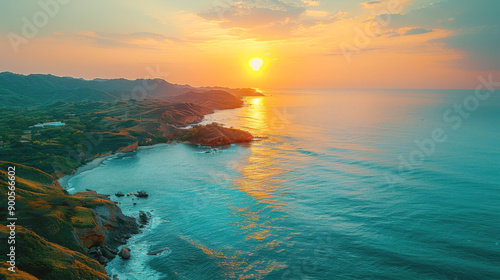 A beautiful sunset over the ocean with a rocky shoreline