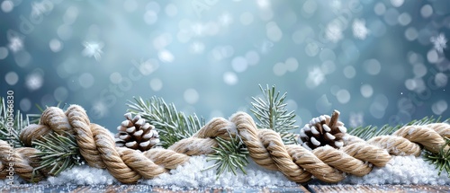 Christmas background with pine cones, rope, and fir branches covered in snow, set against a wintery blue backdrop with falling snowflakes. photo