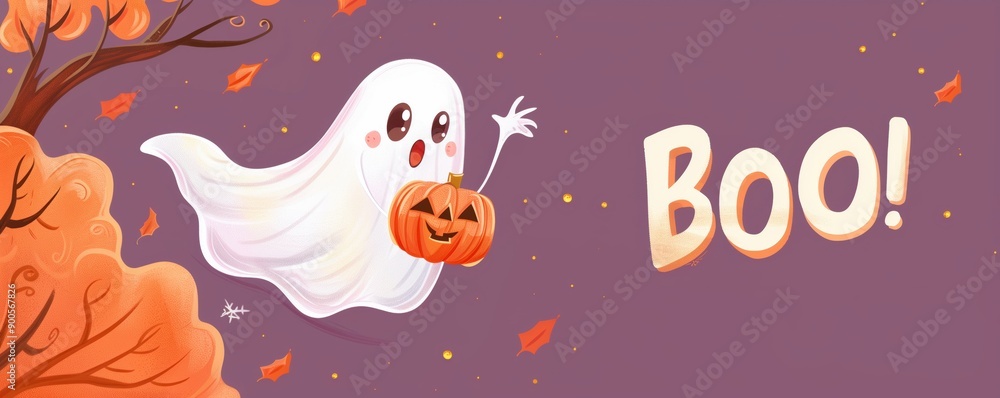 Cute ghost with halloween pumpkin on color background with BOO! text Cute ghost with halloween pumpkin on color background with BOO! text