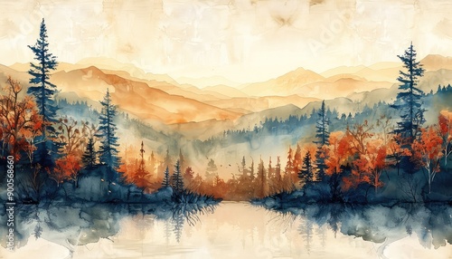 Watercolor landscape of a serene lake surrounded by autumn trees and mountains under a warm, golden sky.