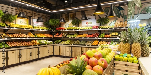 A supermarket with lots of fresh and healthy fruits and vegetables on shelves