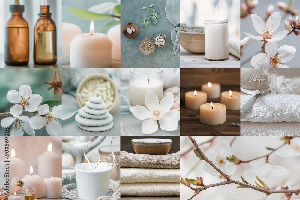 a hyperrealistic image of a 2024 photo collage focused on wellness and self-care. The collage should have serene photos of spa treatments, yoga sessions, healthy food, nature, meditation a hyperrealistic image of a 2024 photo collage focused on wellness and self-care. The collage should have serene photos of spa treatments, yoga sessions, healthy food, nature, meditation