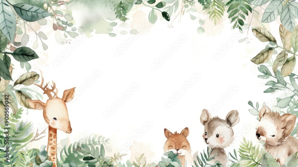 Obraz premium Soft watercolor frame featuring adorable animals among lush plants, perfect for highlighting your text.