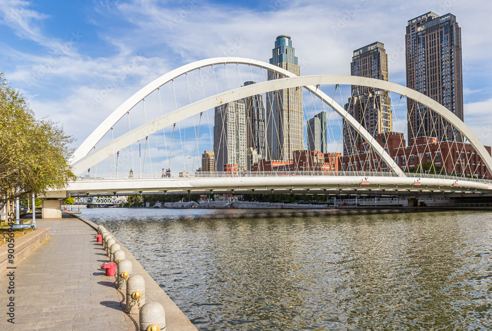 Modern Dagu bridge in front of the Jiefang Bridge Wharf in Tianjin, China