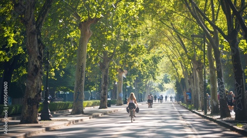 Fototapeta Naklejka Na Ścianę i Meble -  Green city park with people passing by on the street