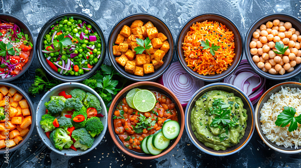 Vibrant Vegan Delights: Colorful Plant-Based Meals on Pastel Background Vibrant Vegan Delights: Colorful Plant-Based Meals on Pastel Background
