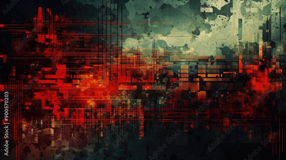 Fototapeta premium Grunge texture with bright tech overlays