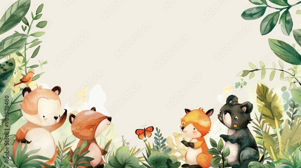 Obraz premium Soft watercolor frame featuring adorable animals among lush plants, perfect for highlighting your text
