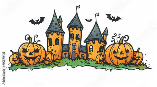 Jack-o'-lanterns, castle, and bats in a Halloween-themed image.