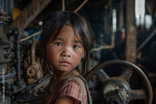 Child labour, group of young poor asian children forced to work in a dark dangerous factory, the tragic face of poverty and discrimination, Generative AI © Shah Mosaic