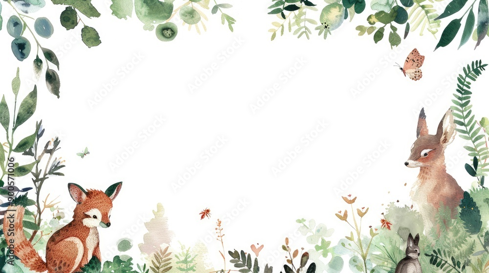 Soft watercolor frame featuring charming plants and animals, ideal for highlighting your text. Soft watercolor frame featuring charming plants and animals, ideal for highlighting your text.
