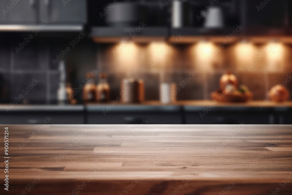 Empty wooden tabletop with blurred kitchen background, ideal for product placement Empty wooden tabletop with blurred kitchen background, ideal for product placement