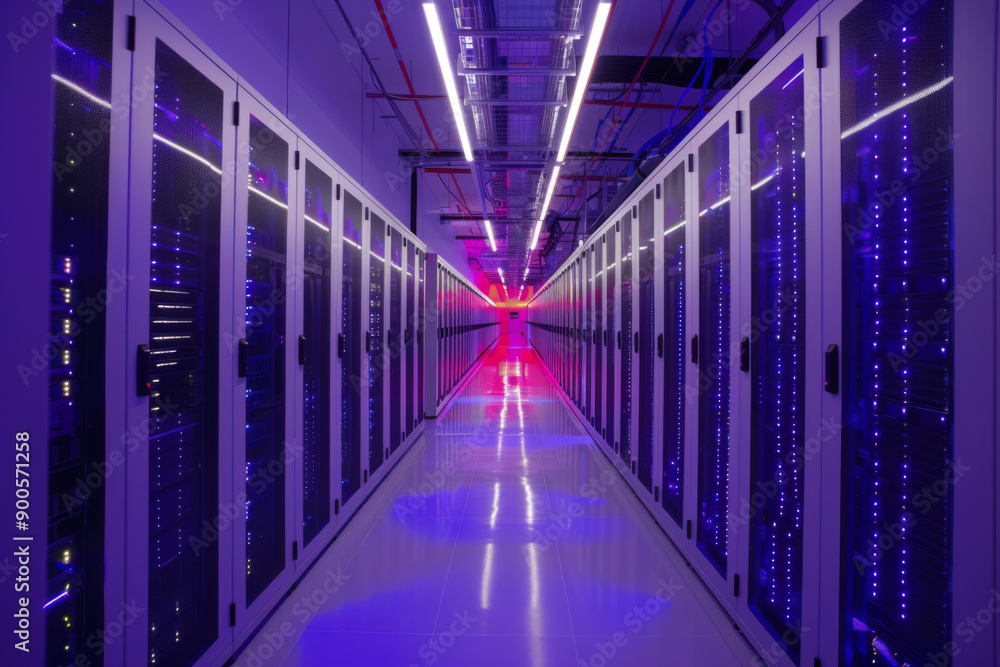 Server Room with Rows of Glowing Cabinets Server Room with Rows of Glowing Cabinets