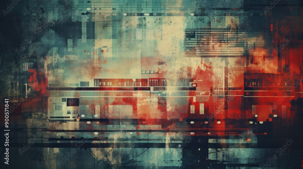 Fototapeta premium Grunge texture with bright tech overlays