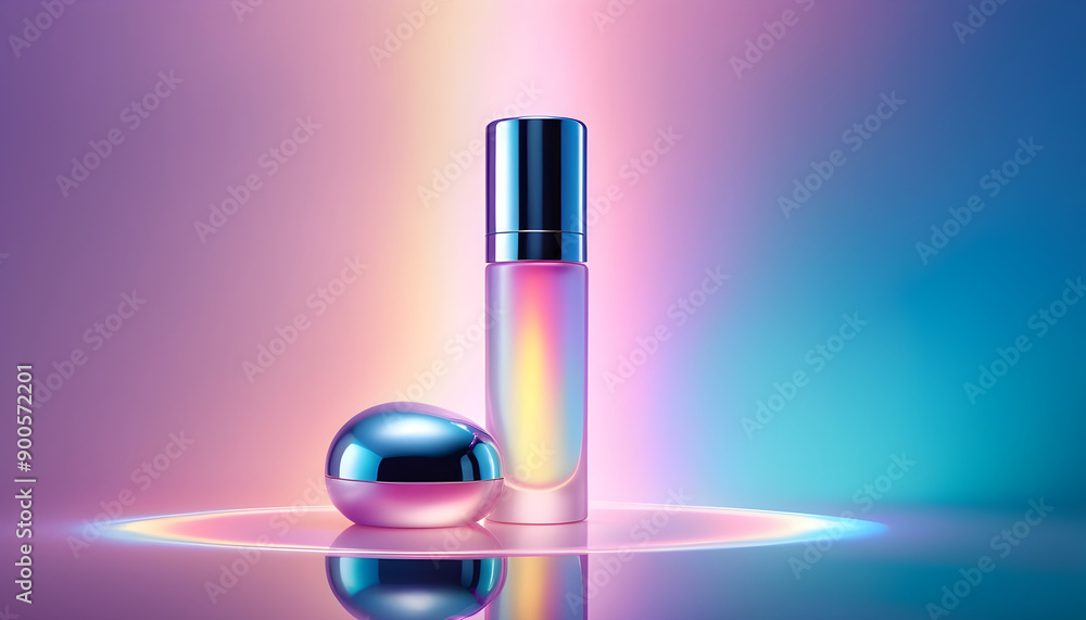 Elegant Cosmetic Bottle and Jar on a Gradient Background with Reflective Metallic Accents, Showcasing Premium Skincare or Perfume Packaging Design Elegant Cosmetic Bottle and Jar on a Gradient Background with Reflective Metallic Accents, Showcasing Premium Skincare or Perfume Packaging Design
