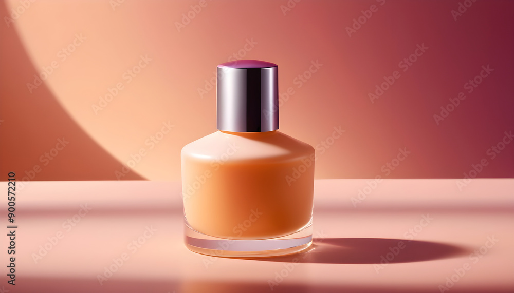 Elegant Cosmetic Bottle with Silver Cap and Peach-Colored Content on a Warm Peach and Pink Gradient Background Highlighting Luxury Skincare Packaging Design Elegant Cosmetic Bottle with Silver Cap and Peach-Colored Content on a Warm Peach and Pink Gradient Background Highlighting Luxury Skincare Packaging Design