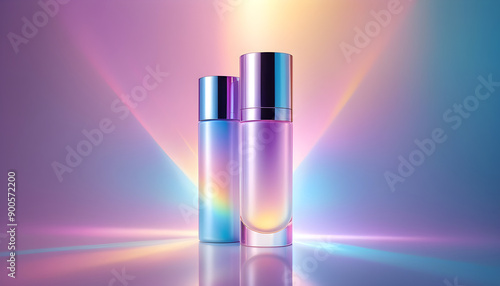 Luxurious Gradient Cosmetic Bottles with Reflective Caps on a Colorful Background, Showcasing Premium Skincare or Perfume Packaging Design