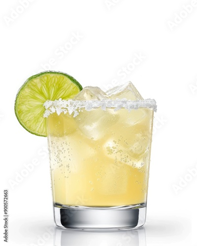 A refreshing margarita cocktail served in a glass with ice, salt rim, and a lime wedge, perfect for summertime celebrations.