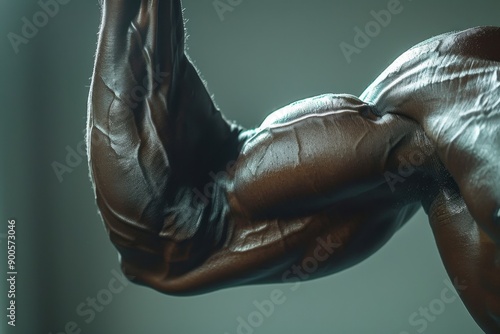 Detailed close-up of a flexed muscular arm, showcasing defined muscles and veins against a soft background. photo