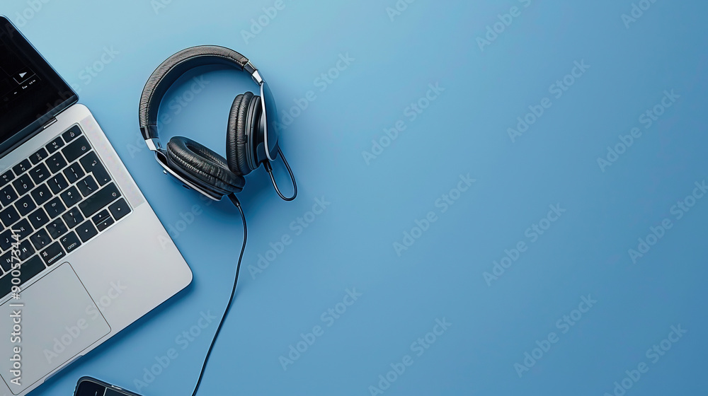 Laptop and headphones on blue background. Concept of listening to music in the office or at home. World Music Day. Working from home, online courses. Copy space area for text. Laptop and headphones on blue background. Concept of listening to music in the office or at home. World Music Day. Working from home, online courses. Copy space area for text.
