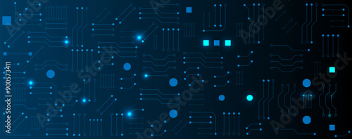 Blue circuit electronic or electrical line with circle engineering technology concept vector background