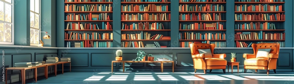 Flat design of a literature classroom with bookshelves filled with classic novels and reading nooks Flat design of a literature classroom with bookshelves filled with classic novels and reading nooks