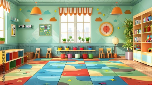 Flat design of a preschool classroom with play areas, learning stations, and colorful floor mats © ngstock