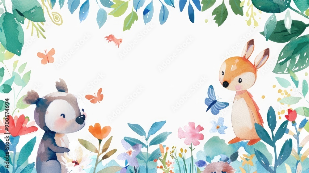 Fototapeta premium Watercolor frame with cute animals and vibrant plants, perfect for highlighting your message.