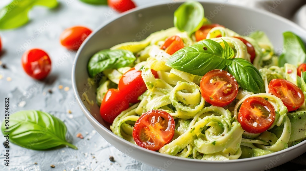 A bowl filled with creamy avocado pasta, topped with vibrant cherry tomatoes and fresh basil leaves A bowl filled with creamy avocado pasta, topped with vibrant cherry tomatoes and fresh basil leaves