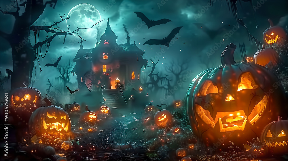 Glowing Jack-o'-Lanterns and a Haunted House in a Moonlit Forest Creating a Spooky Halloween Atmosphere Glowing Jack-o'-Lanterns and a Haunted House in a Moonlit Forest Creating a Spooky Halloween Atmosphere
