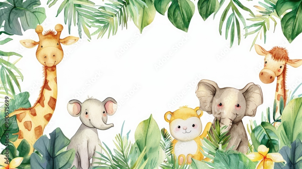 Naklejka premium Watercolor frame with cute animals among lush plants, perfect for your text.