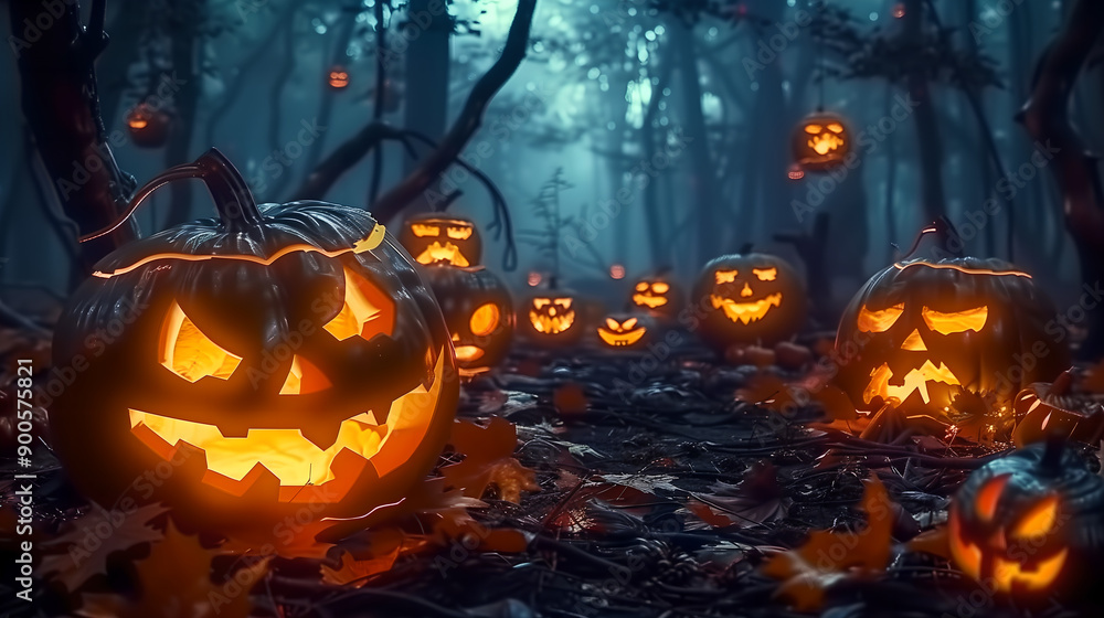 Glowing Jack-o'-Lanterns and a Haunted House in a Moonlit Forest Creating a Spooky Halloween Atmosphere Glowing Jack-o'-Lanterns and a Haunted House in a Moonlit Forest Creating a Spooky Halloween Atmosphere