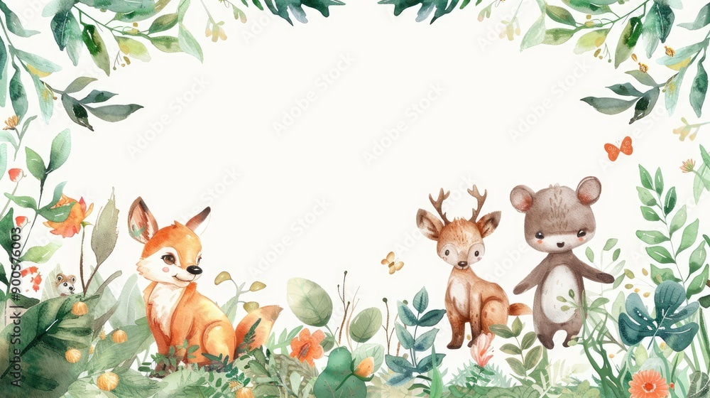 Fototapeta premium Watercolor frame with cute animals among lush plants, providing space for your message.