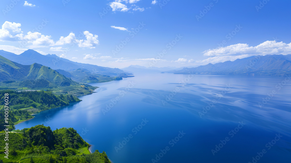 Naklejka premium Breathtaking aerial view of a tranquil lake, surrounded by lush mountains under a clear blue sky, perfect for natural landscape imagery.