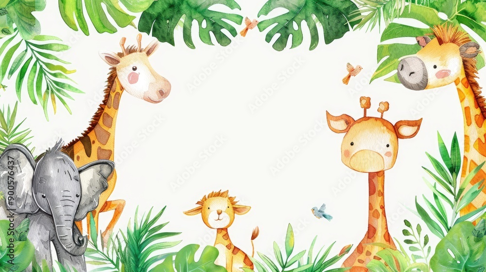 Fototapeta premium Watercolor frame with cute animals among lush plants, perfect for highlighting your message.