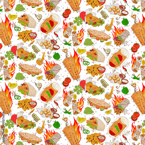 Seamless pattern of Doner Kebab. Concept of shawarma, street food, barbecue, cuisine. Vintage design template, banner. Fresh vegetables. Packaging background. Vector hand drawn Illustration.
