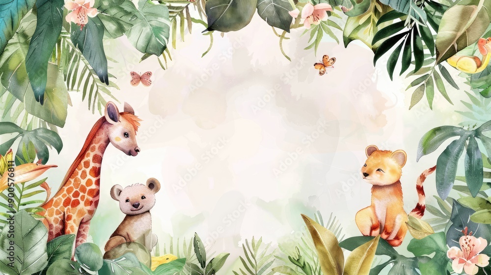 Fototapeta premium Watercolor frame with cute animals among lush plants, providing space for your message