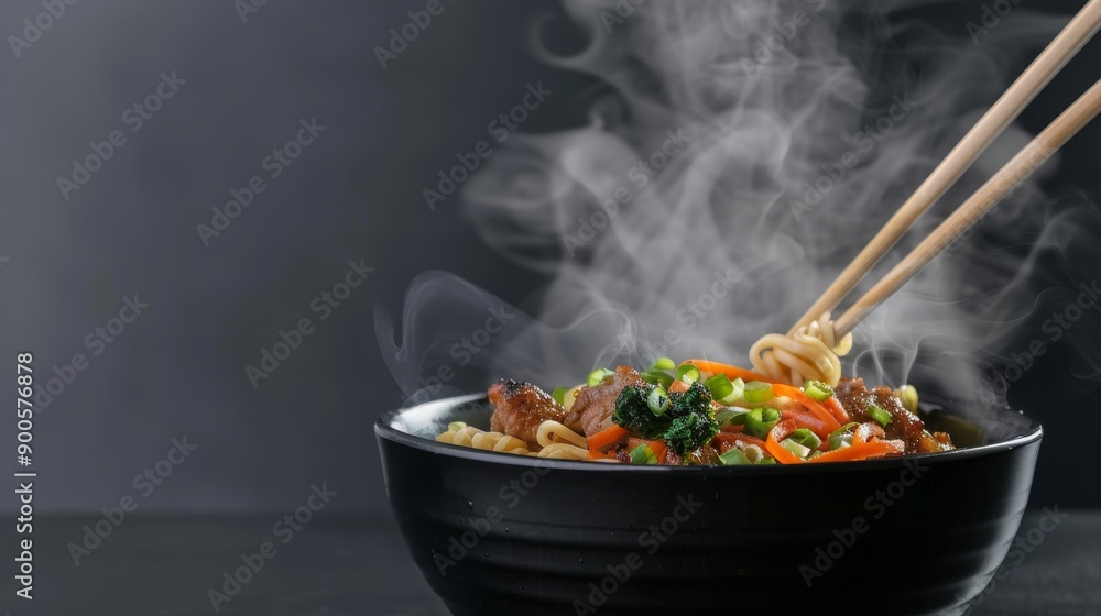 Close-up of a steaming ramen bowl with chopsticks, isolated on a plain background, space for text, capturing steam and rich textures, inviting and delicious Close-up of a steaming ramen bowl with chopsticks, isolated on a plain background, space for text, capturing steam and rich textures, inviting and delicious