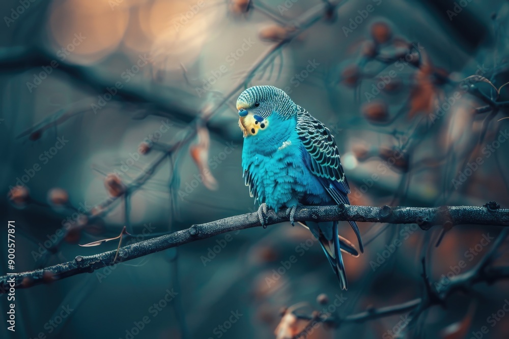 Obraz premium A blue bird sits on the edge of a tree branch, looking out at its surroundings