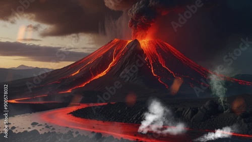 The view of the volcano erupting violently, black smoke billowing. Hot lava began to flow from the top of the mountain with a bright red color. Seamless 4K looping timelapse video animation generated 