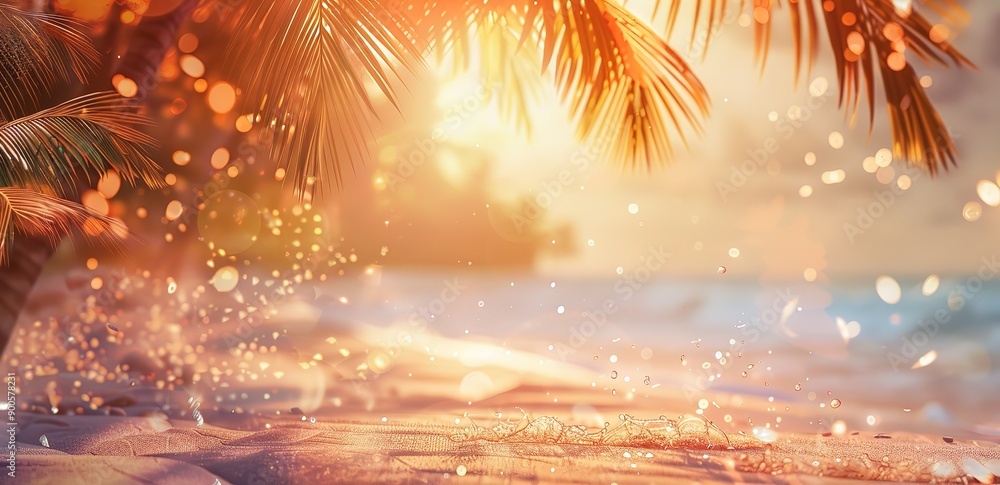A beach with sunset light and coconut trees beside it A beach with sunset light and coconut trees beside it