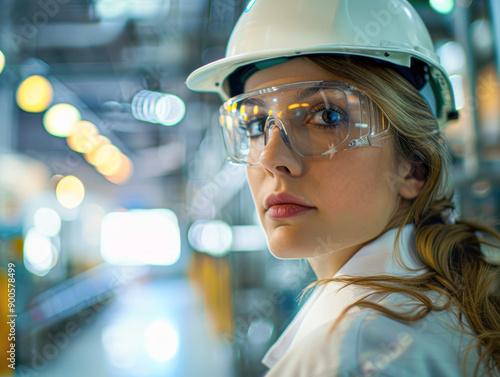 A woman wearing a white lab coat and safety goggles