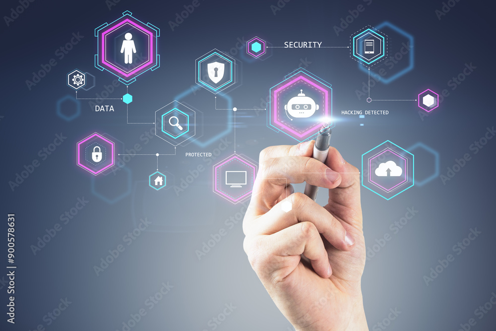 Hand with pen interacting with cybersecurity icons on futuristic interface. Hand with pen interacting with cybersecurity icons on futuristic interface.
