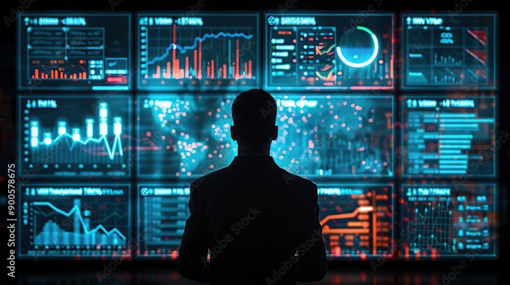 Silhouette of a Man Looking at Data Screens - Digital Visualization Illustration Silhouette of a Man Looking at Data Screens - Digital Visualization Illustration