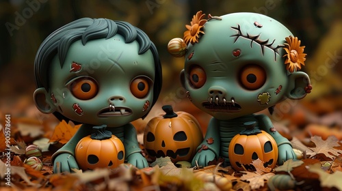 Cute Zombie Halloween Dolls with Pumpkins photo