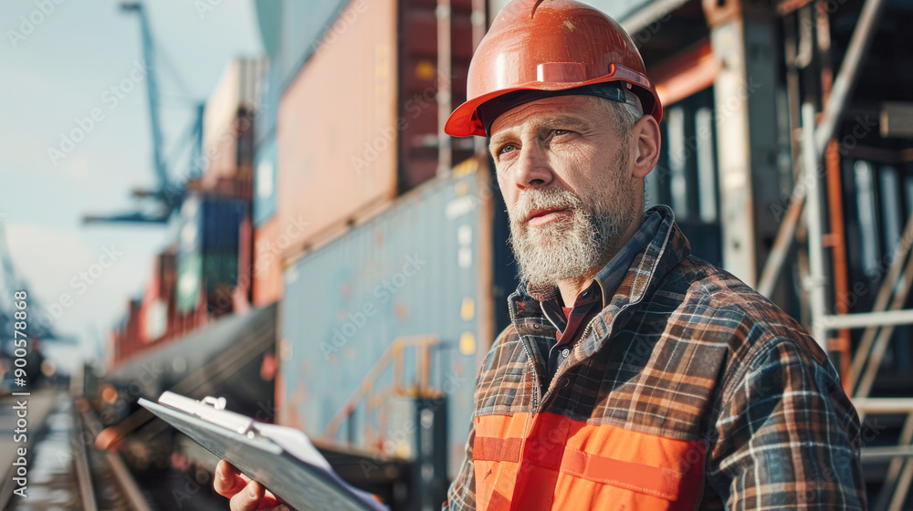Port Foreman Leading Workers in Cargo Operations under Bright Daylight Port Foreman Leading Workers in Cargo Operations under Bright Daylight