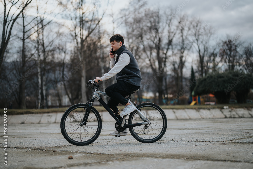 Fototapeta premium Young male teenager riding a bicycle in a park setting during the day