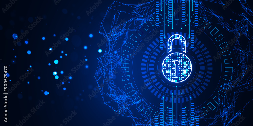 Digital padlock icon on a network background. 3D Rendering Digital padlock icon on a network background. 3D Rendering
